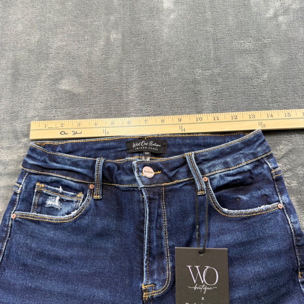 Wild Oak Boutique x Risen Jeans High Rise Distressed Fringe Hem Flare Size 5/27 - Picture 8 of 11